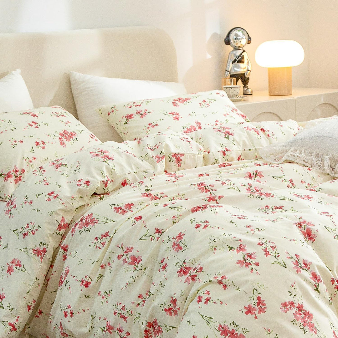Freyamy Blumen Bettwäsche 135x200cm 2teilig Beige Rosa Blätter Pflanzen Floral Wendbar Bettwaren-Set