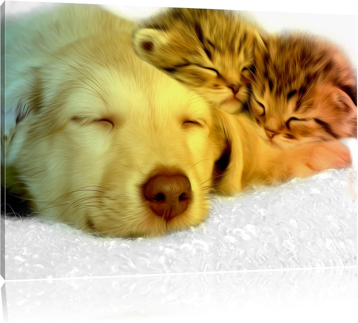 niedlicher Welpe kuschelt mit süssen Kätzchen schwarz/weiss Format: 100x70 auf Leinwand, XXL riesige