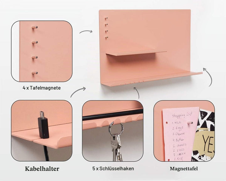 byde Wandorganizer Hebe aus Stahlstruktur. 49 x 9 x 30 cm 3-in-1 Wandregal mit Magnettafel und Magne
