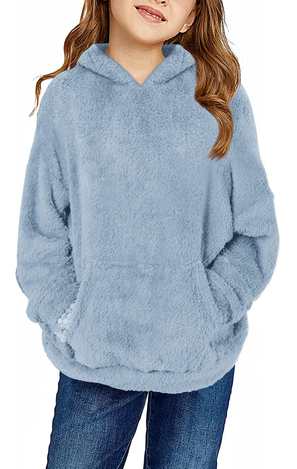 Runcati Pullover Mädchen Kapuzenpullover Fuzzy Teddy Fleece Sweatshirts mit Kapuze Taschen Freizeit