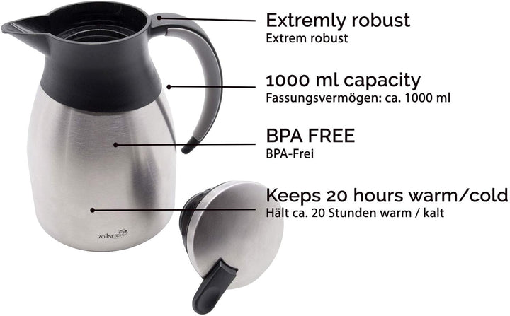 ZOLLNER24 Edelstahl Thermoskanne 1L, mit Ausgiesstaste am Verschluss, 20 Stunden Wärmespeicherung Si