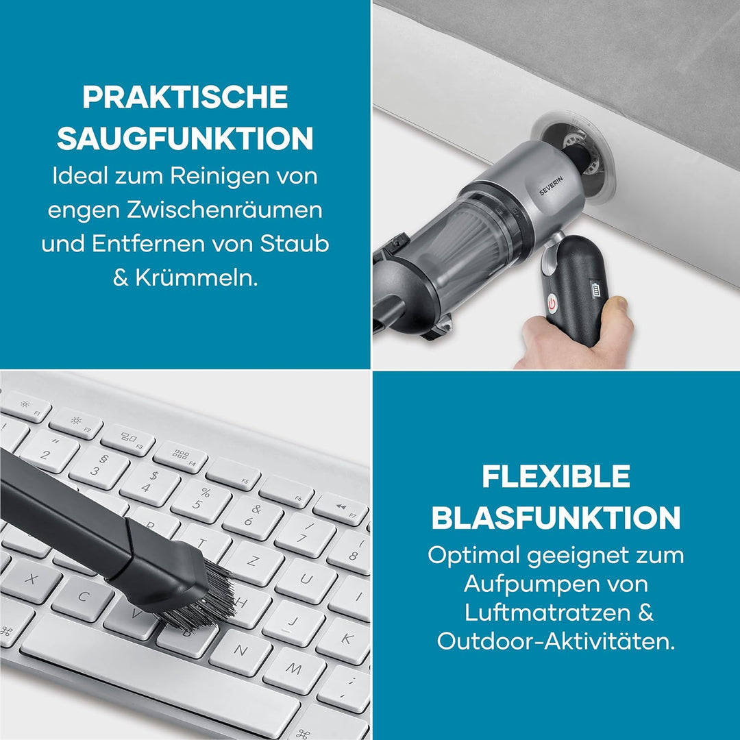Severin 3-in-1 Akku-Handstaubsauger, Luftbläser & Aufpumper, Staubgebläse, für Luftmatratzen, Auto,
