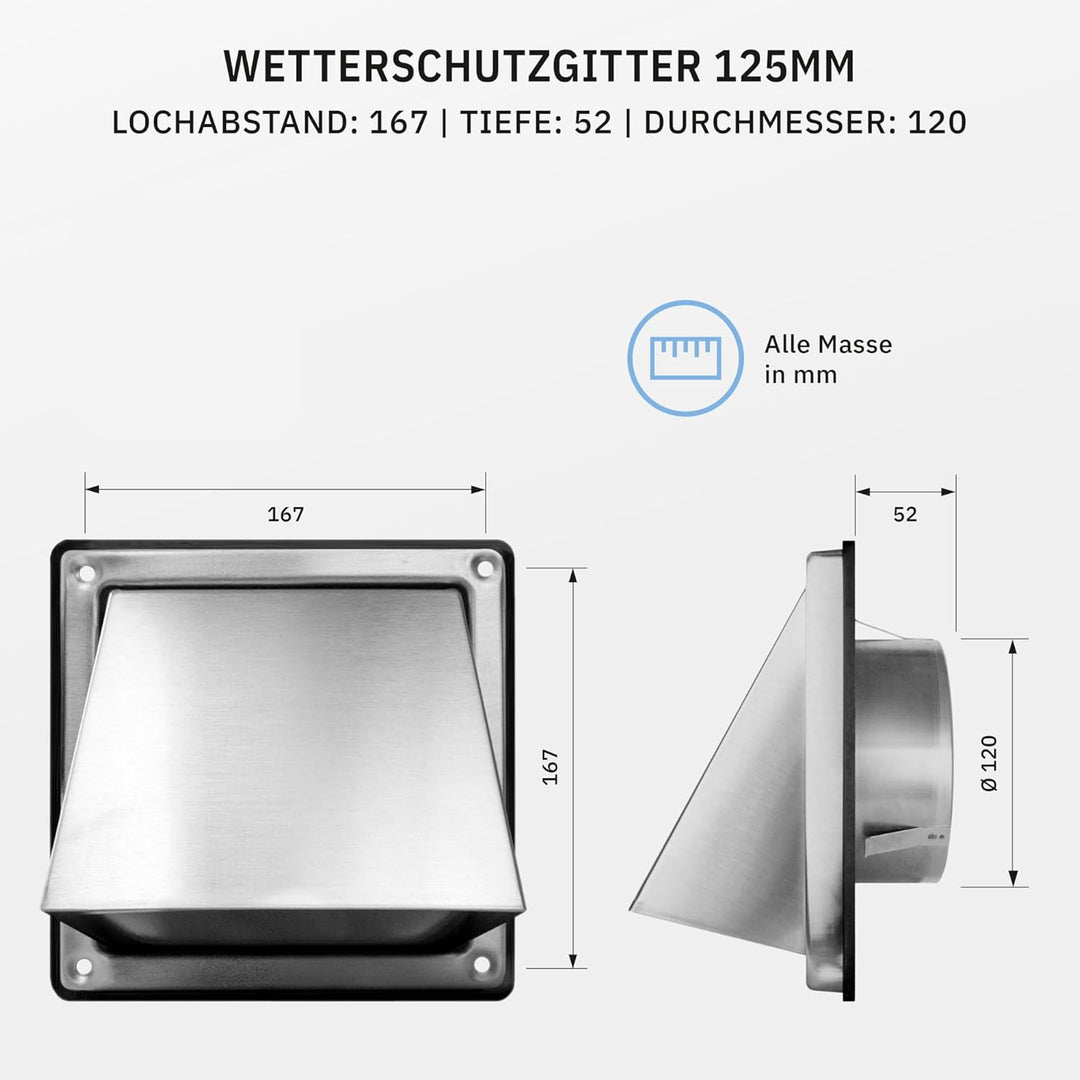calimaero® HWG Edelstahl Lüftungsgitter 125mm, Abluftgitter, Integrierte Rückstauklappe, Sehr Witter