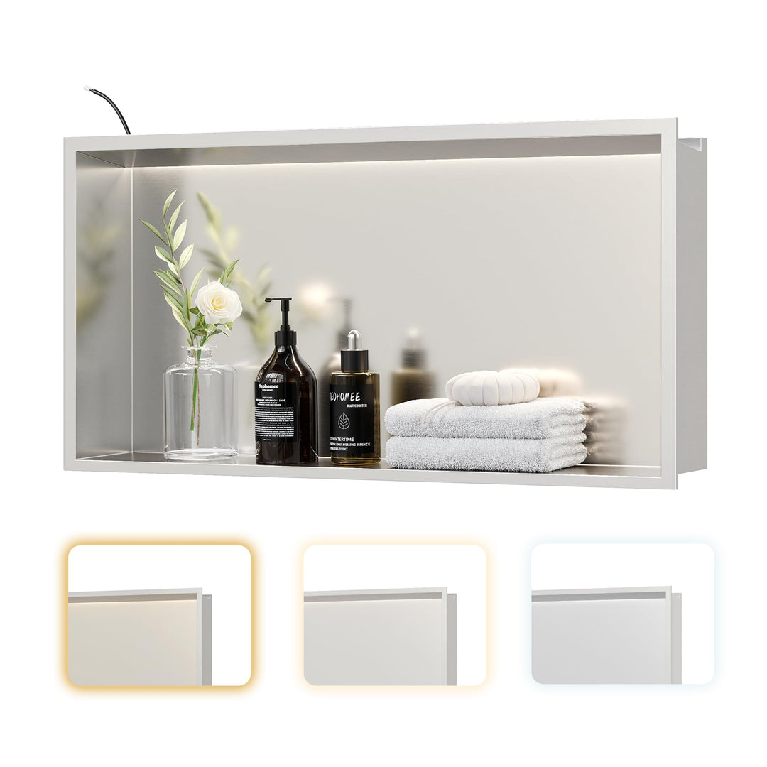 Neohomee Wandnische Dusche Edelstahl mit LED-Licht, Eingebettete Duschnische 60x30cm mit 3 Farben fü