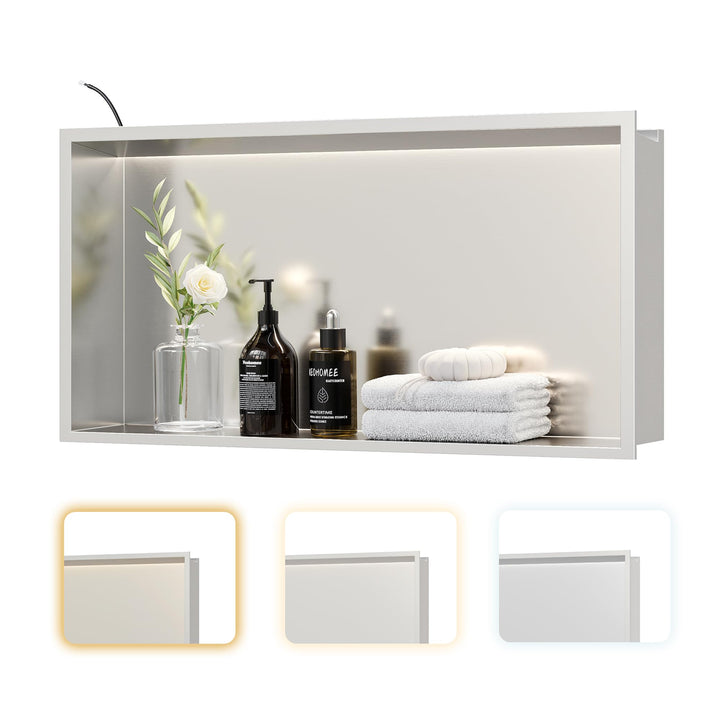 Neohomee Wandnische Dusche Edelstahl mit LED-Licht, Eingebettete Duschnische 60x30cm mit 3 Farben fü