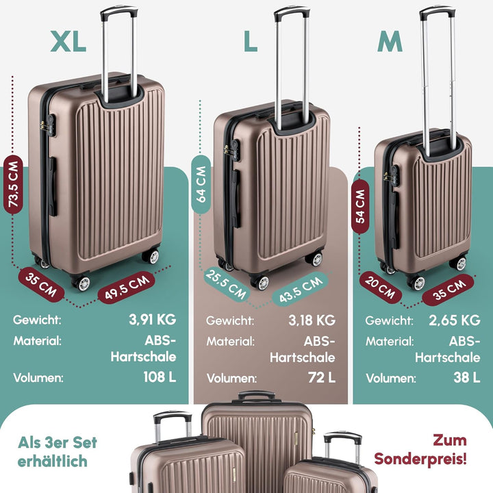 Easy Move ABS Hartschalenkoffer [ERGONOMISCH & SICHER] - Grosser Trolley Koffer mit 360° Rädern, Zah
