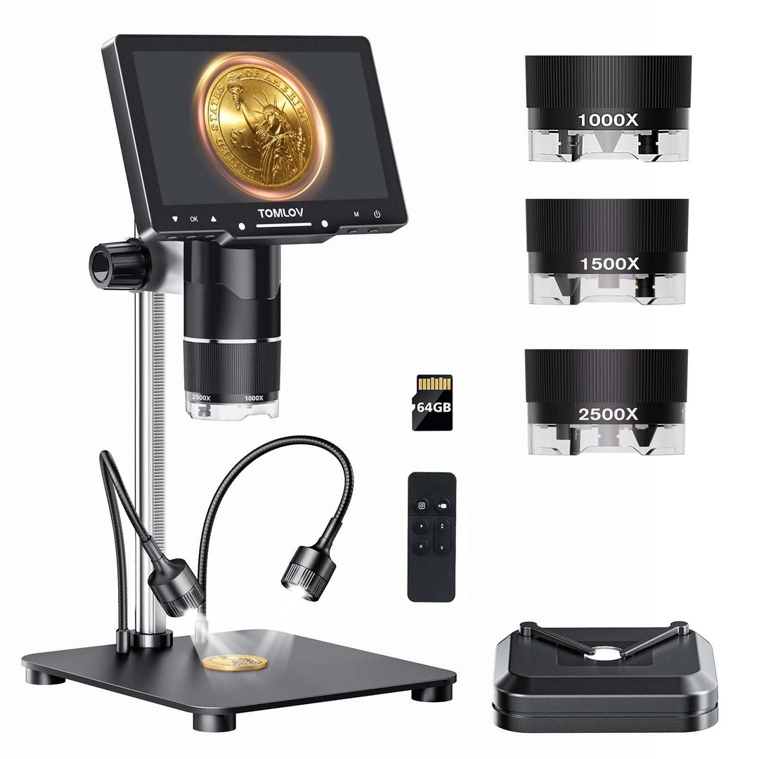 TOMLOV TriL107 3 Objektiv Mikroskop Digital: 7" 2K IPS HDMI 2500X Münzlupe für Ganzmünzansicht mit 1