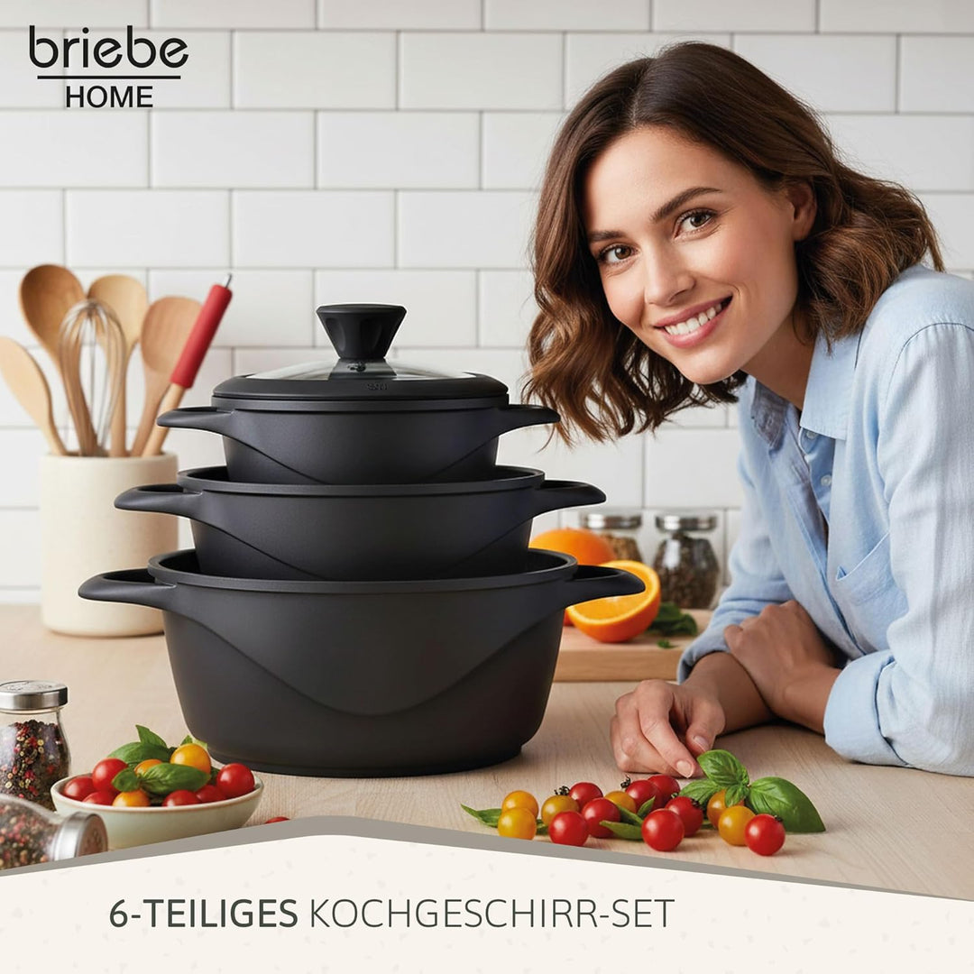 briebe Topfset Induktion 6-Teilig, Kochtopf Set 3 Töpfen aus Aluminiumguss, Antihaftbeschichtung ILA