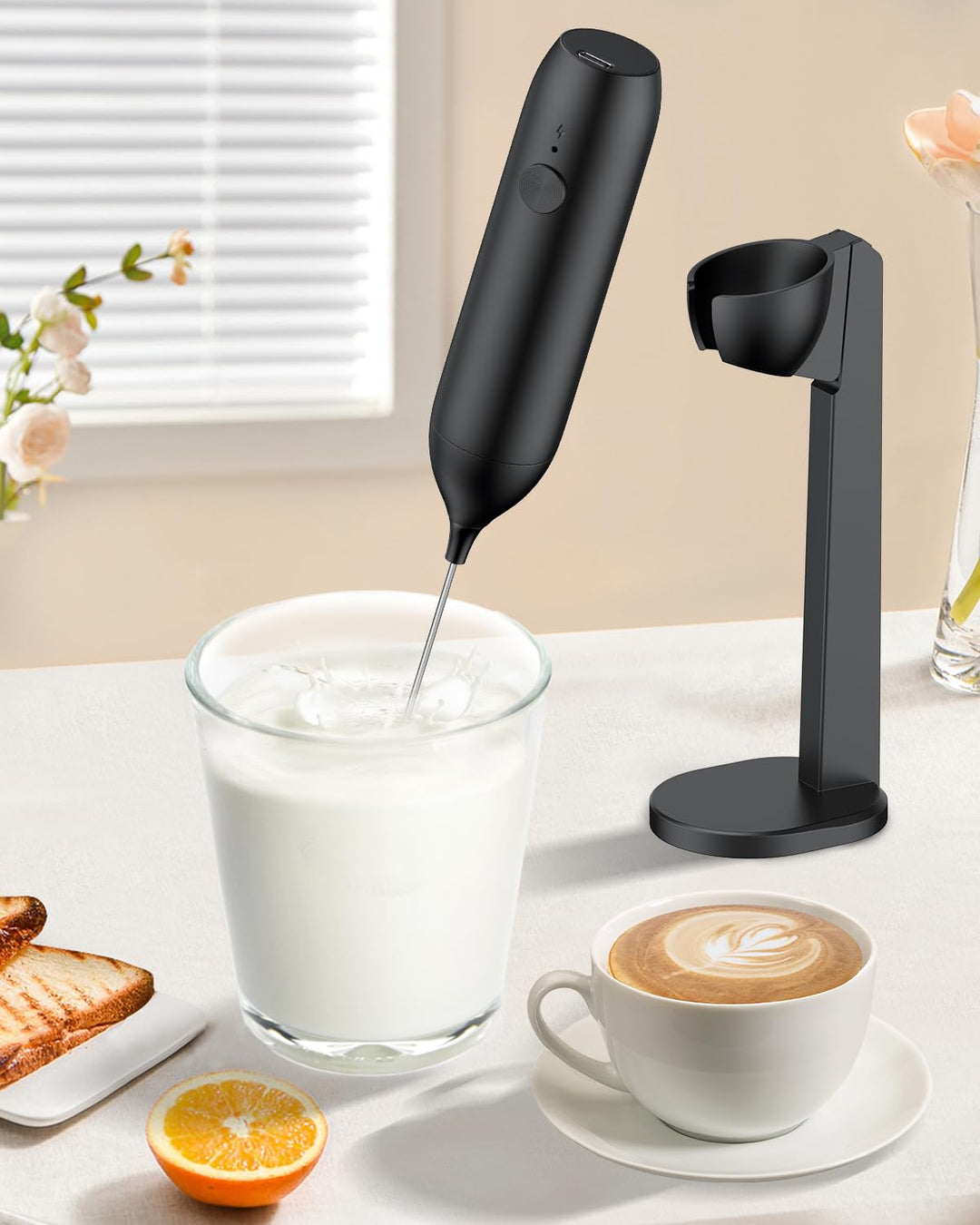 Pawfly Akku Milchaufschäumer Stab, Handschäumer mit Halter & Edelstahlschneebesen, Elektrischer Scha