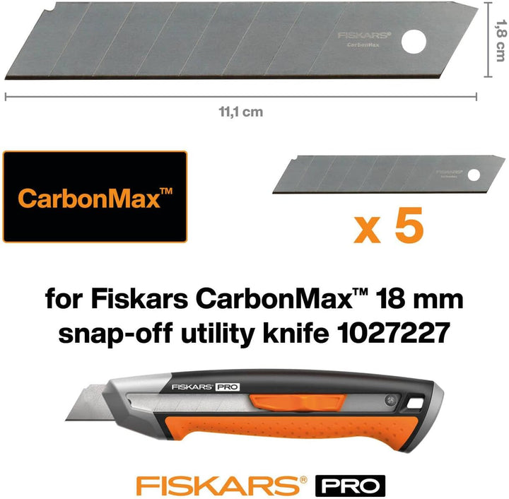 Fiskars Abbrechklingen, Für Fiskars Cuttermesser, 18mm, Rostfreier Stahl, 5er Pack, CarbonMax, 10272