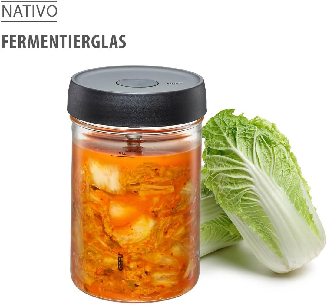 GEFU Fermentierglas NATIVO 1 Liter, inkl. Beschwerungsgewicht, Fermentationsglas mit Gewicht und Dec