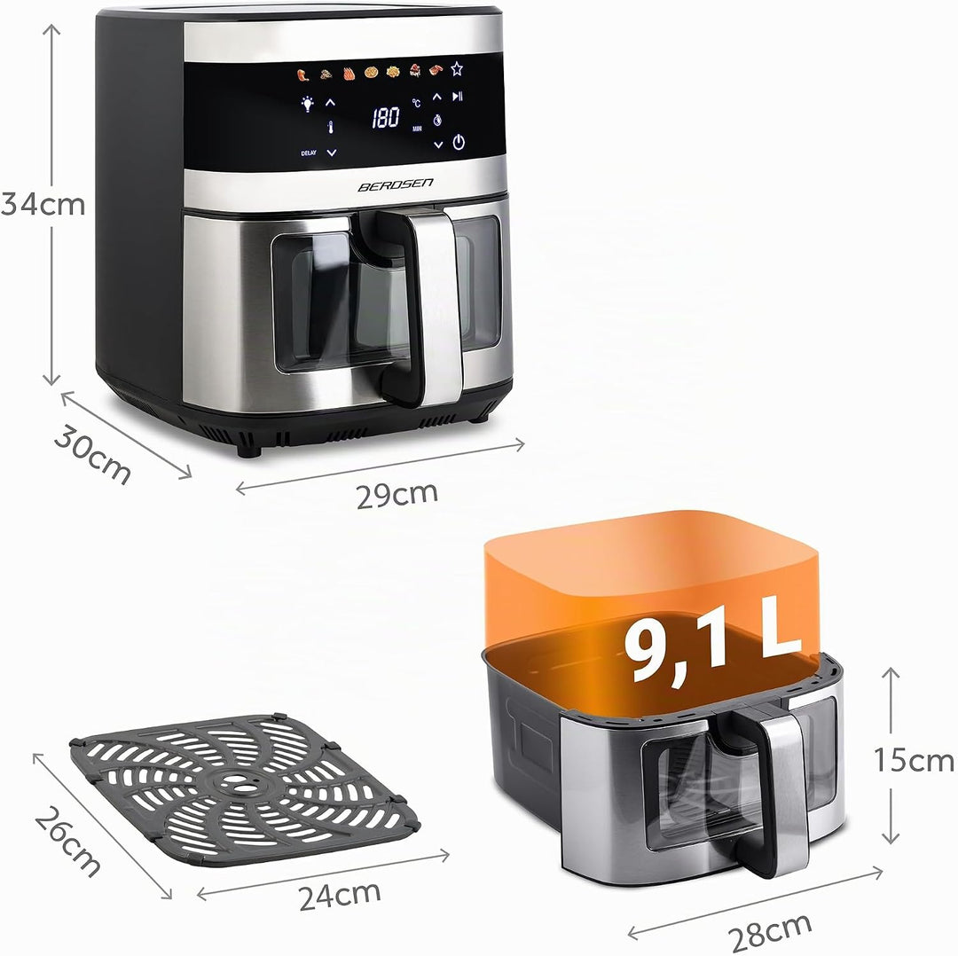 Berdsen Heissluftfritteuse XXL 9,1L - Airfryer mit Sichtfenster und Touchscreen - 1700W - 7 Programm