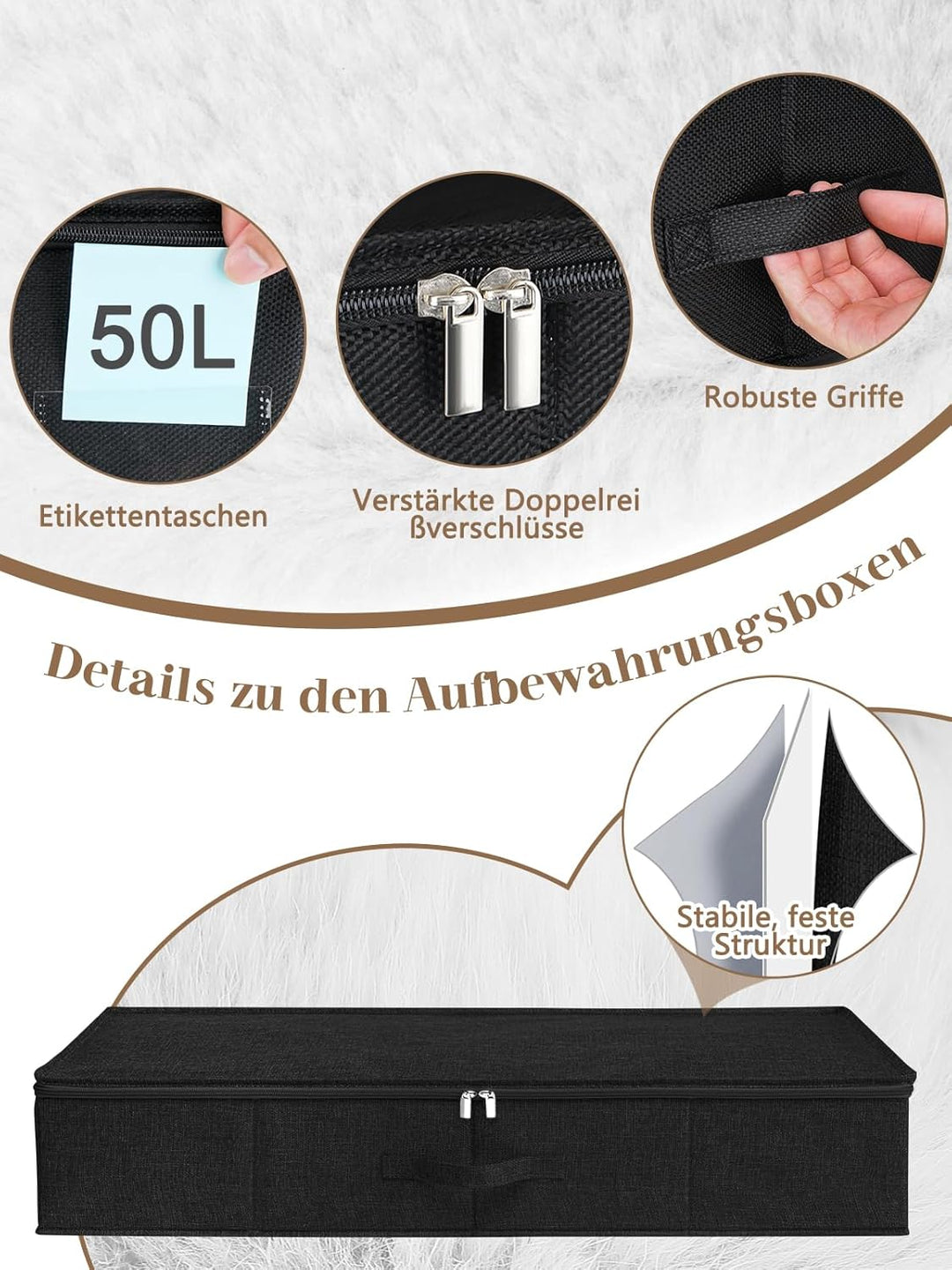 mepure Unterbett Aufbewahrungsbox 2er Pack – 50L Faltbare Unterbettkommode mit Deckel & Doppelreissv
