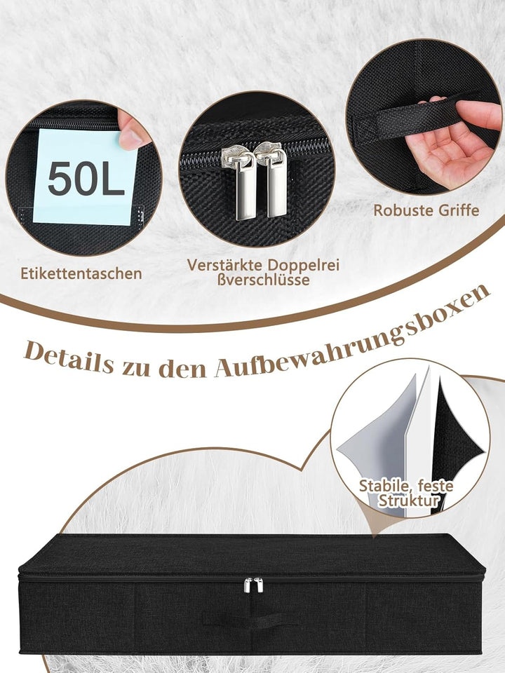 mepure Unterbett Aufbewahrungsbox 3 er Pack – 50L Faltbare Unterbettkommode mit Deckel & Doppelreiss