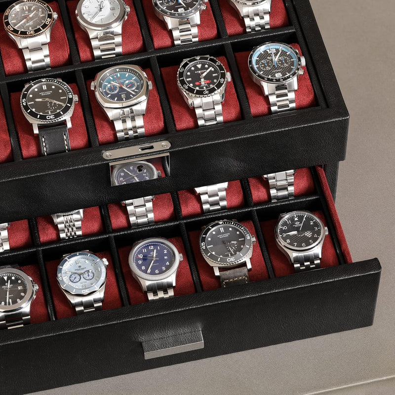 ROTHWELL Uhrenbox aus Leder mit 20 Fächern, luxuriöses Uhrengehäuse, Schmuck-Organizer, verschliessb