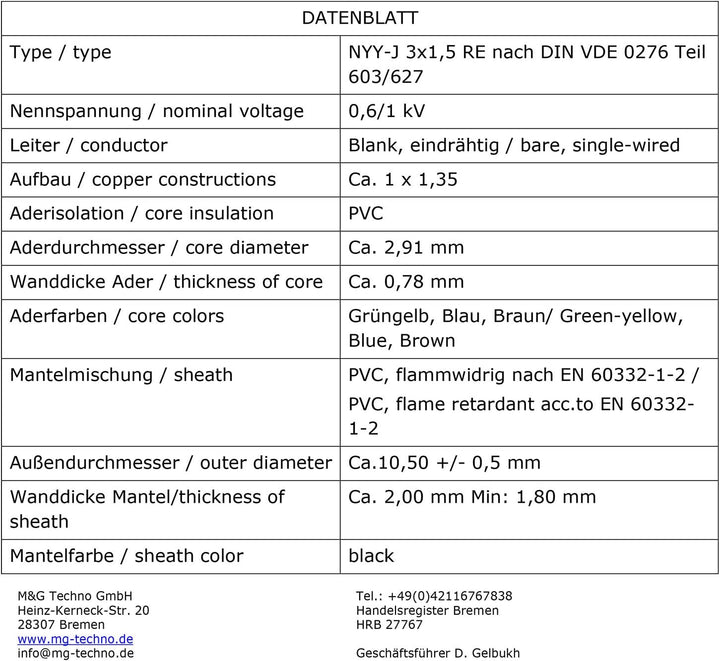 M&amp;G Techno 50m NYY-J 3x1,5 mm² Erdkabel Elektrokabel Beton und Freien Kupfer Made in Germany Schwarz