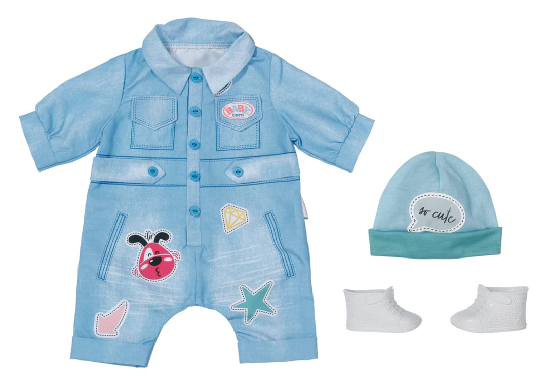 BABY born 832592 Deluxe Jeans Overall 43cm - Puppenkleidung Set bestehend aus Puppen - Onesie, Mütze