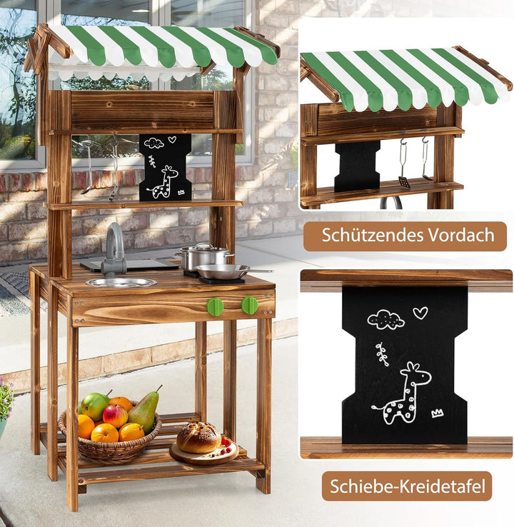 COSTWAY Matschküche Kinder Outdoor, Doppelseitige Kinderküche mit Dach, Schultafel, Spüle & Wasserha