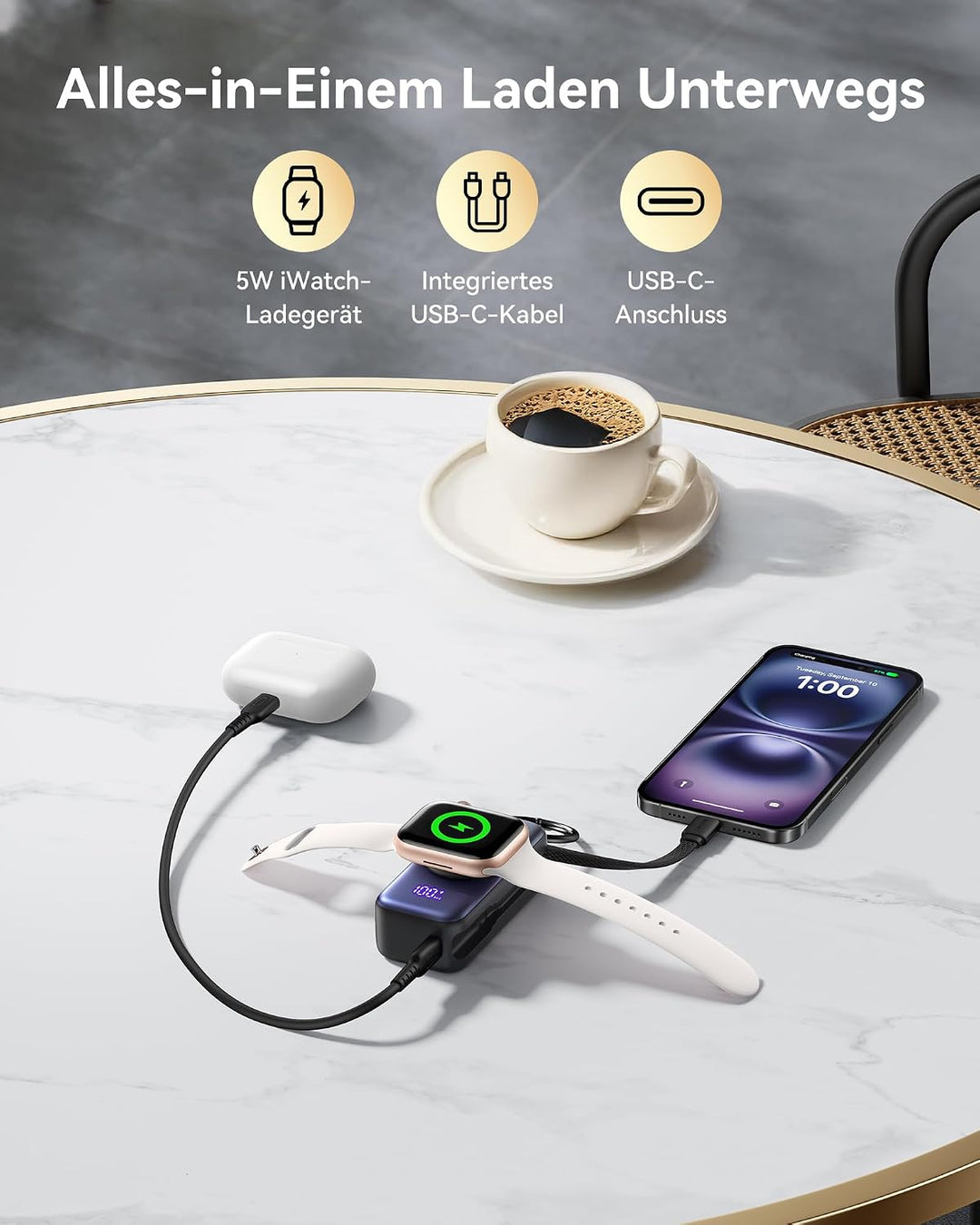 INIU Power Bank für Apple Watch, 5000mAh Powerbank mit eingebautem Kabel, Schlankes Reise Schlüssela