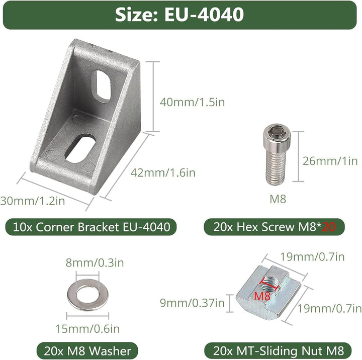 EYPINS 10X ALU Winkelverbinder, Aluprofil 40x40 40x80 Nut 8 Aluminium 90 Grad Winkel Raster Profil A
