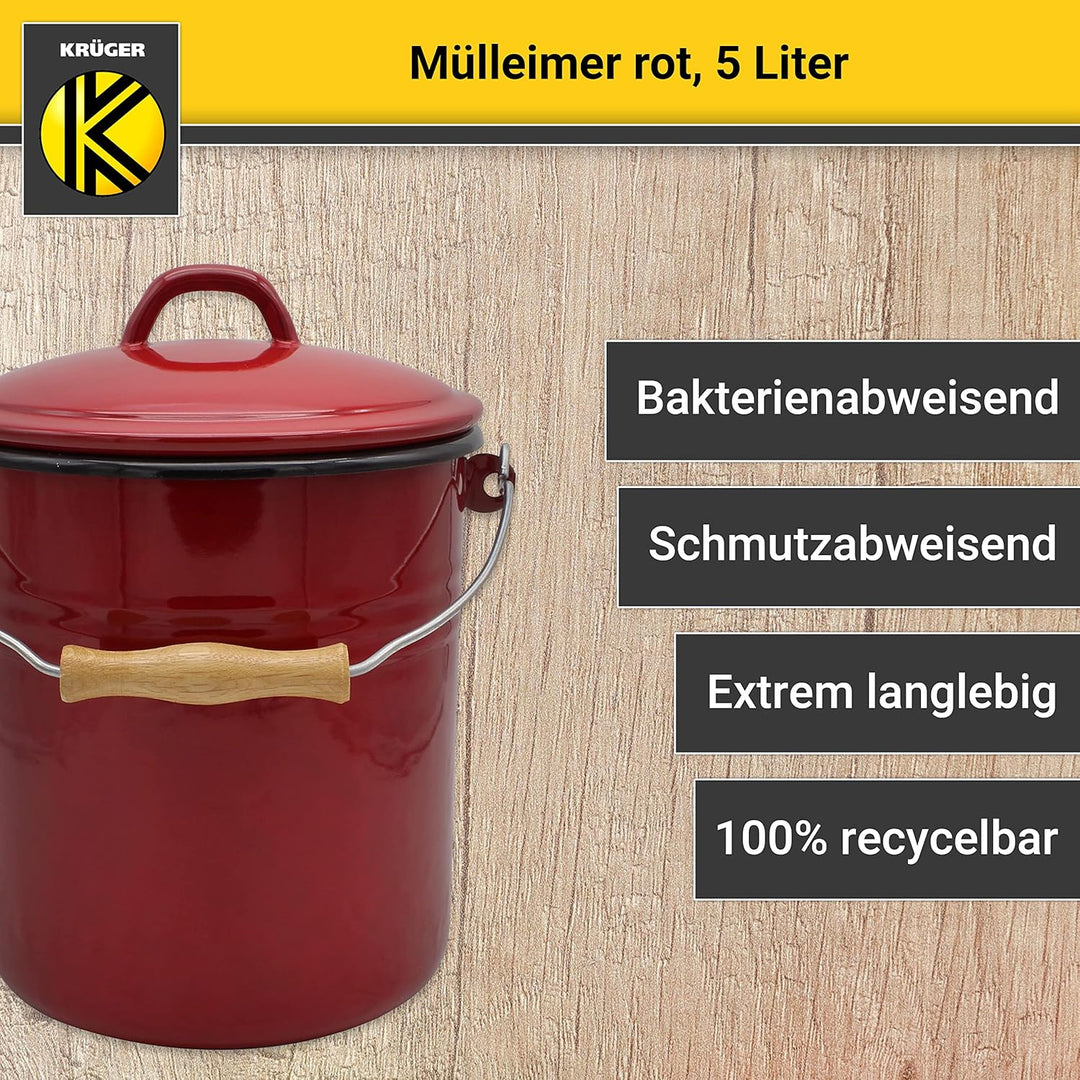 KRÜGER Mülleimer mit Deckel - Stahl Abfalleimer mit Emaille-Beschichtung und Holzgriff - schnitt- un