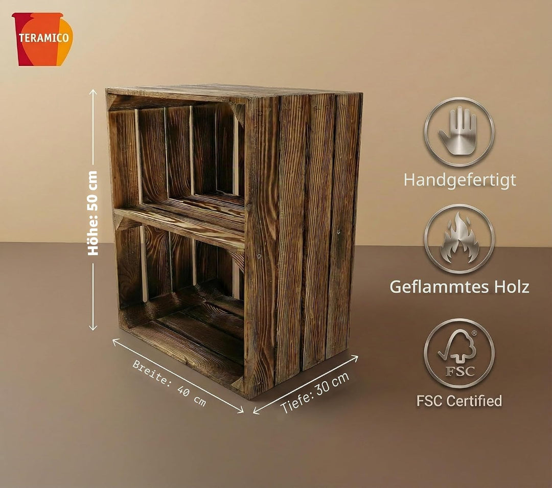 Teramico Massive Holzkisten als Schuhregal Bücherregal LEICHT GEFLAMMT mit Zwischenbrett (verschraub