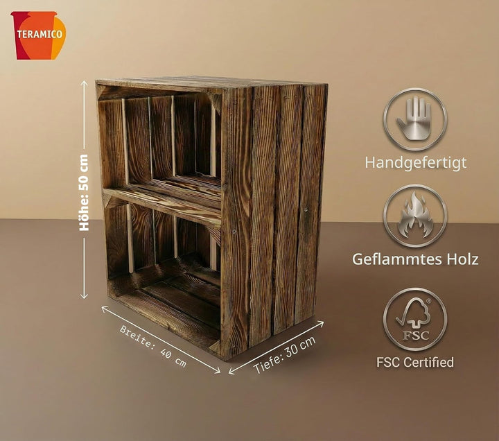 Teramico Massive Holzkisten Schuhregal Bücherregal LEICHT GEFLAMMT mit Zwischenbrett (verschraubt) A