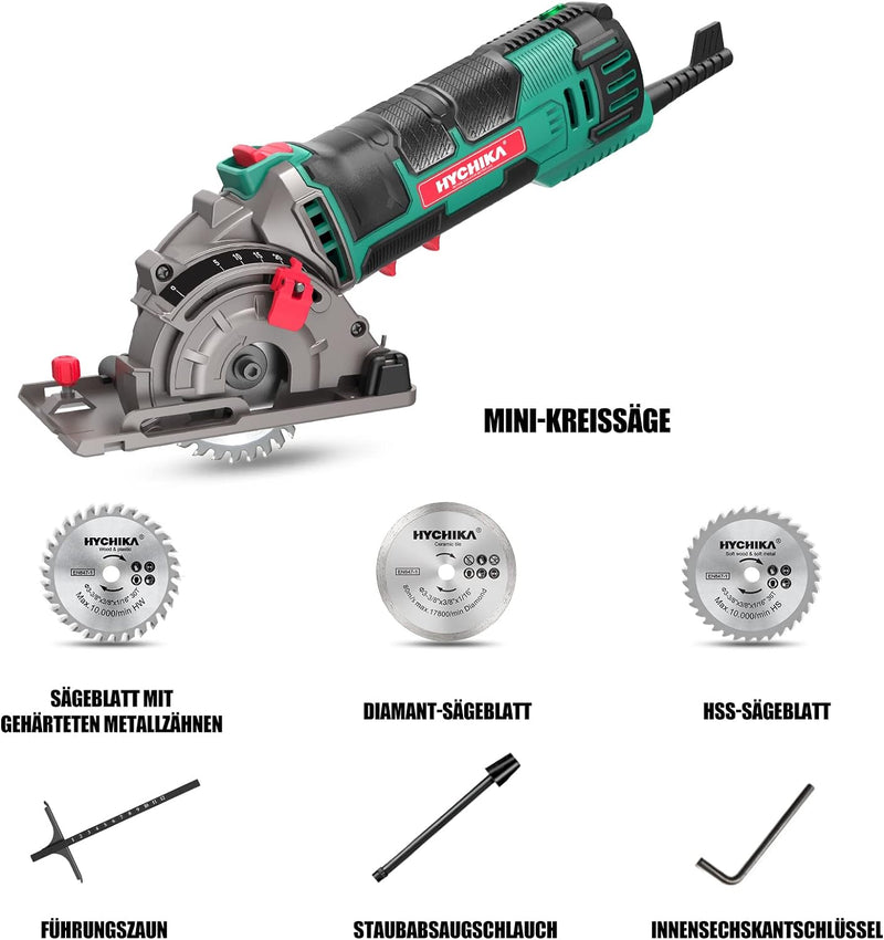Mini Kreissäge, HYCHIKA Handkreissäge mit 3 Sägeblättern, Laserführung, Skalenlineal, 500W Motor aus