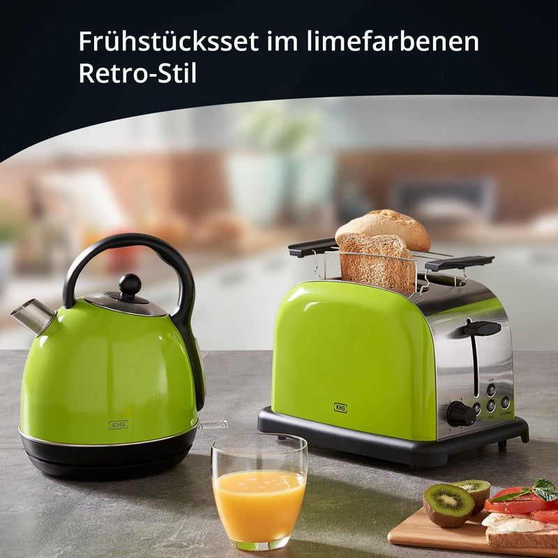 KHG Frühstücksset Wasserkocher & Toaster, Lime-Grün, Kessel-Kocher 1,7 Liter, 360° Sockel, Kalkfilte