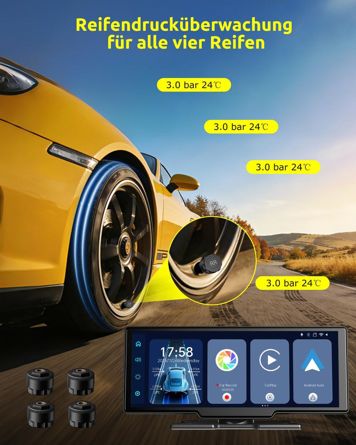 ESSGOO 10.26 Zoll Kabelloses CarPlay Display mit 4K Dashcam,1080P Rückfahrkamera &amp; 4 Reifendruckkont