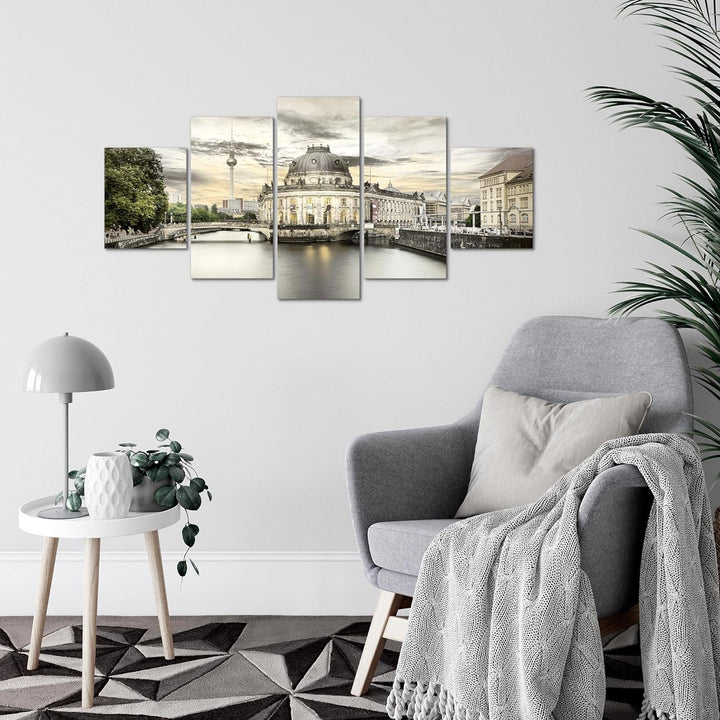 Runa Art Wandbilder Berlin 5 Teilig Bild auf Vlies Leinwand Deko Wohnzimmer Büro Fernsehturm Beige S
