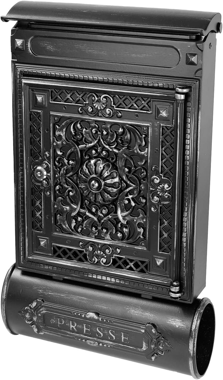 HMF Briefkasten Antik mit Zeitungsfach, Vintage Postkasten aus Aluguss | 57 x 35 x 10 cm | Schwarz-S