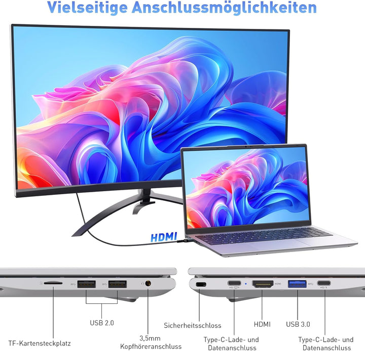 Auusda Laptop 15,6 Zoll, Notebook mit 8GB RAM 256GB SSD, Fingerabdrucksensor, beleuchtete Tastatur,