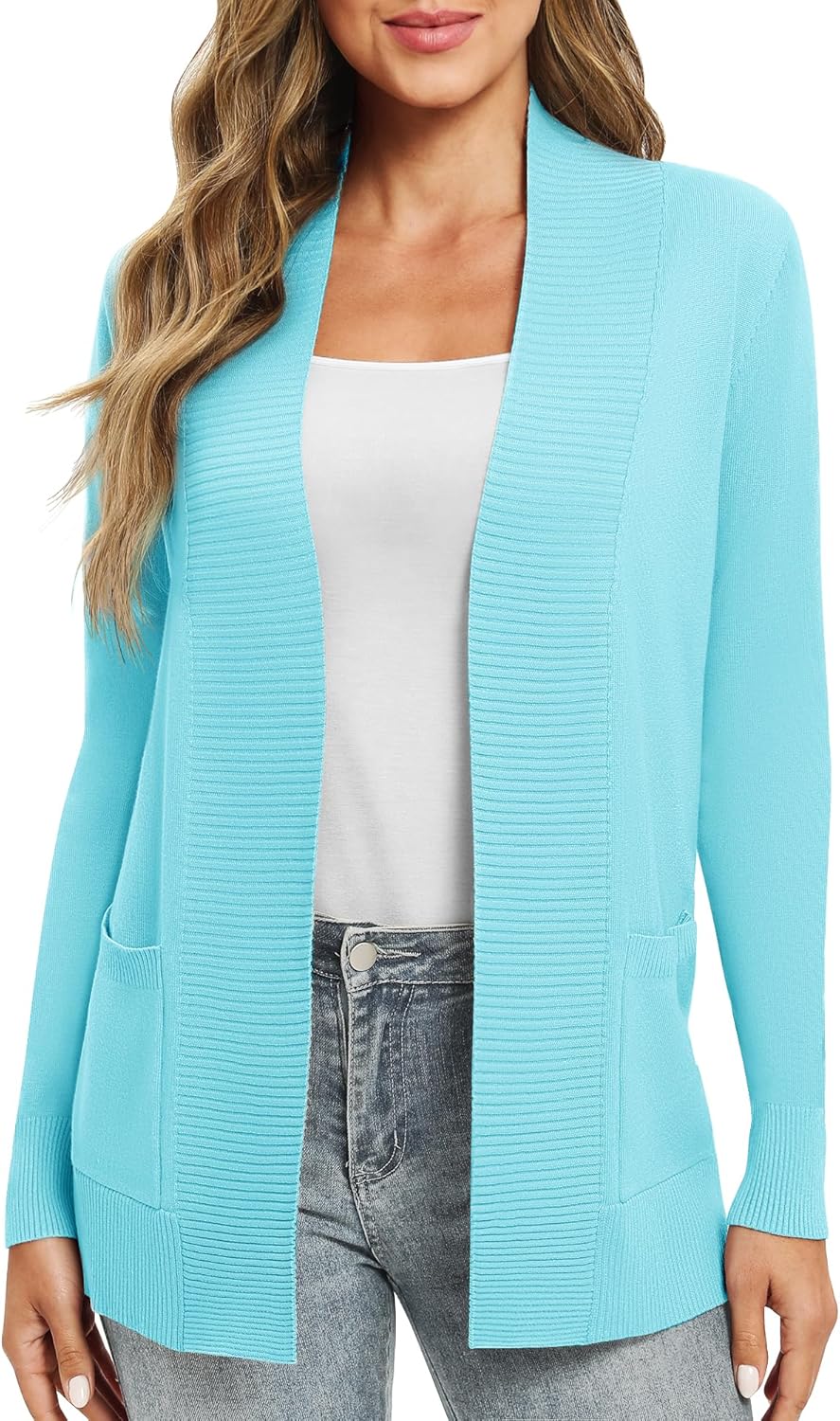 EXCHIC Leicht Damen Lange Ärmel V-Ausschnitt Lange Gestrickt Cardigan Gemütlich Offene Front Strickj