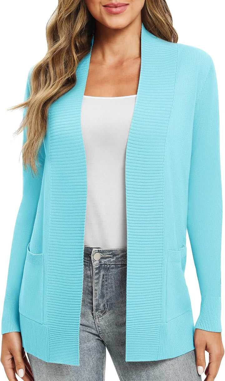 EXCHIC Leicht Damen Lange Ärmel V-Ausschnitt Lange Gestrickt Cardigan Gemütlich Offene Front Strickj