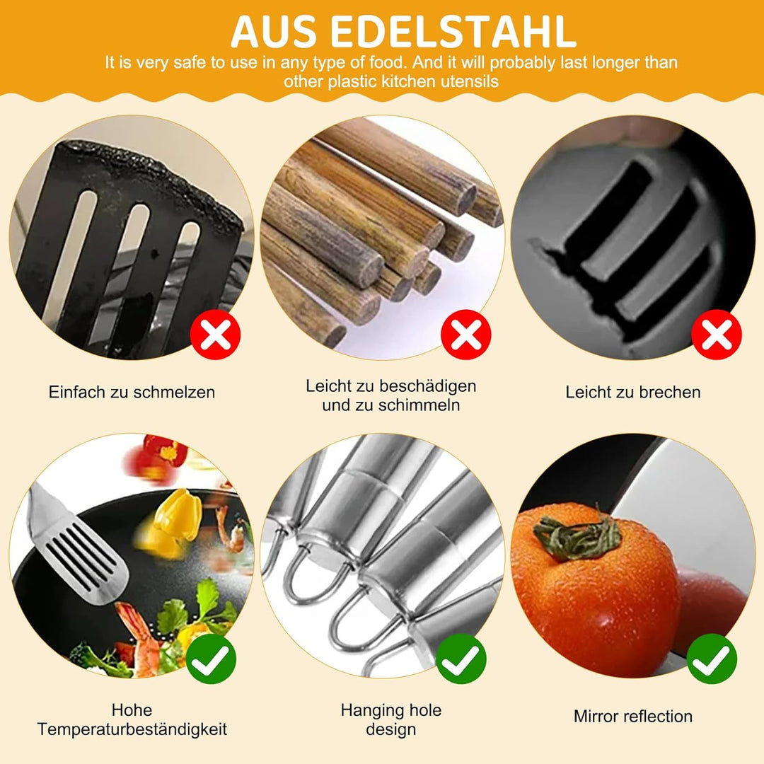 13-teilig Edelstahl Kochutensilien Set - Wärmebeständig Antihaft Hochglanzpolierte Küchenhelfer-Set