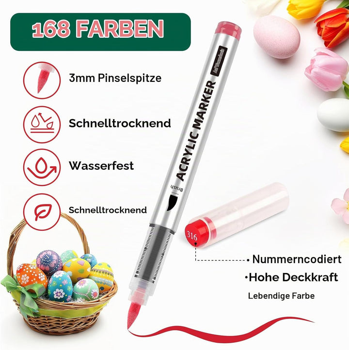 ABEIER 168 Farben Acrylstifte Set für Steine Wasserfest Brush Tip Acrylic Pens Set, Acrylmarker Schn