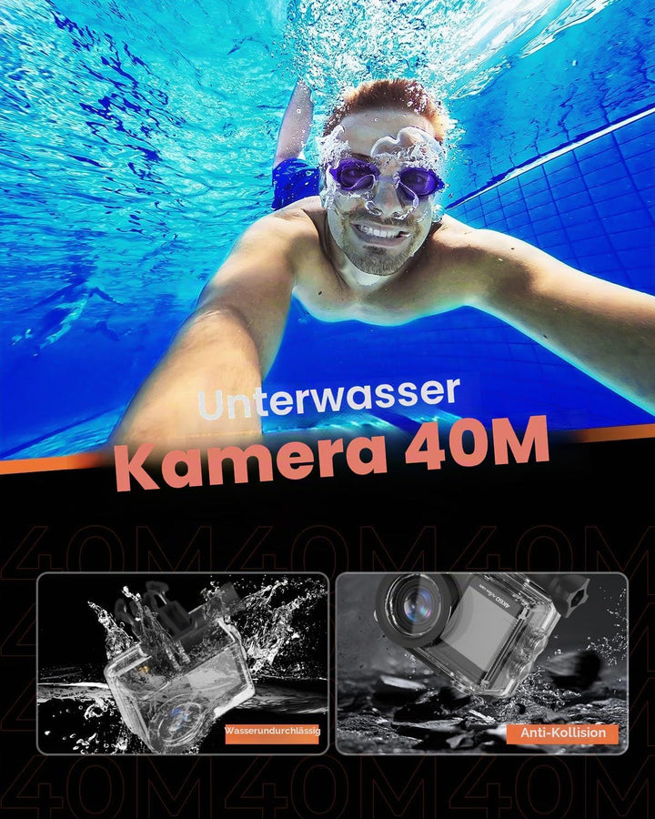 4K60FPS 24MP Action Cam, Touchscreen Sportkamera mit 64GB SD-Karte, Unterwasserkamera 131FT Wasserdi
