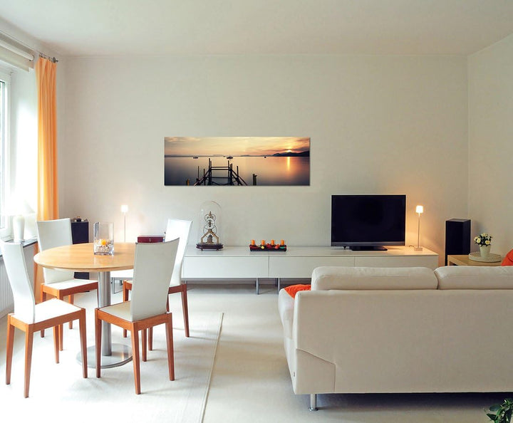 Paul Sinus Art Panoramabild auf Leinwand und Keilrahmen 150x50cm Meer Steg Holz Wolkenhimmel Sonne