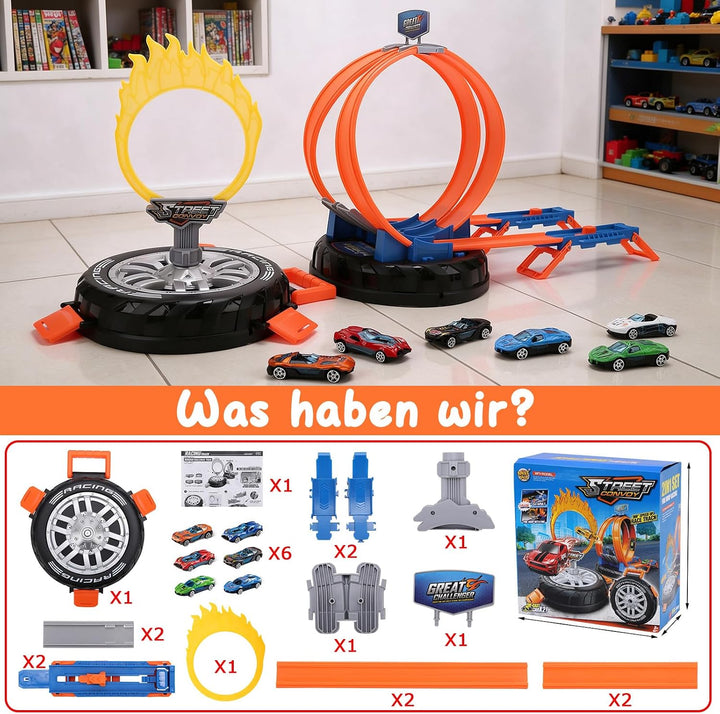 Autorennbahn Kinder Katapult mit 2 Loopings, Feuerring &amp; 6 Autos Spielzeug Fliegende, Fliegende
