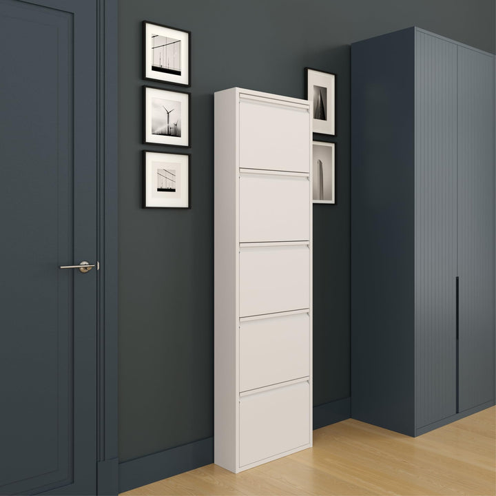 furni24 Schuhschrank, 5 Klappen, Metall, 10–14 Paar, wandmontierbar, vormontiert – Weiss 5 Klappen W