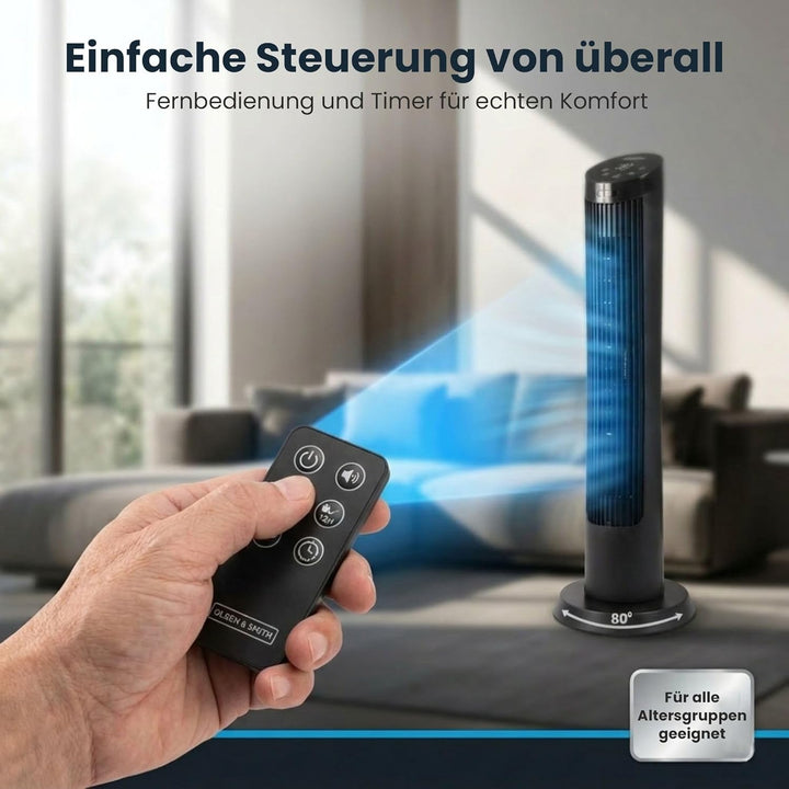 Olsen & Smith Turmventilator mit Fernbedienung | Leiser 27-dB-Ventilator fürs Schlafzimmer | 91 cm (
