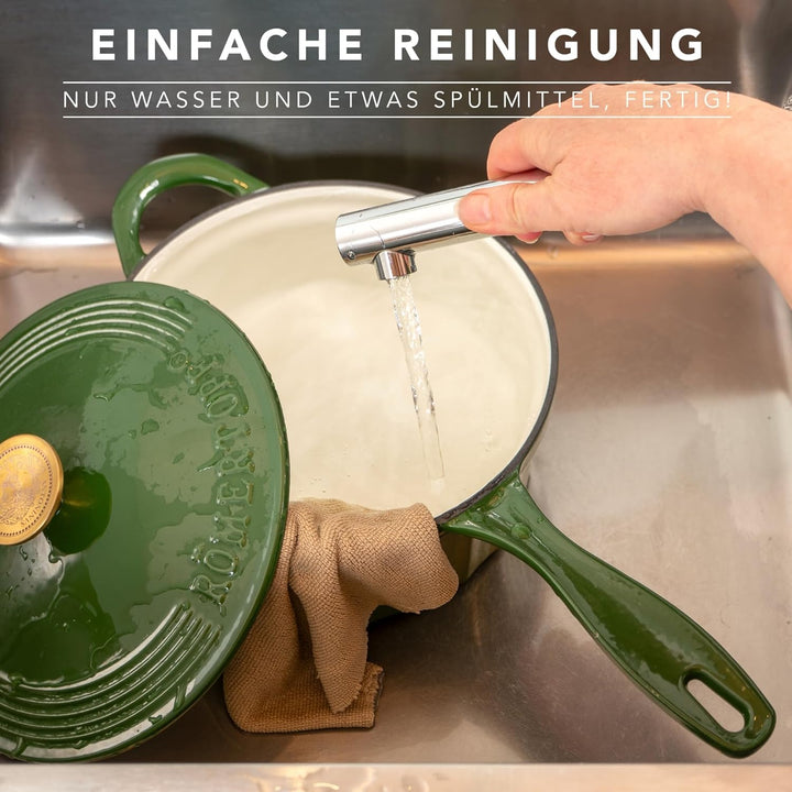 Römertopf Gusseisen Stielkasserolle mit Deckel 22 cm – Stieltopf Emaille-Beschichtung, alle Herdarte