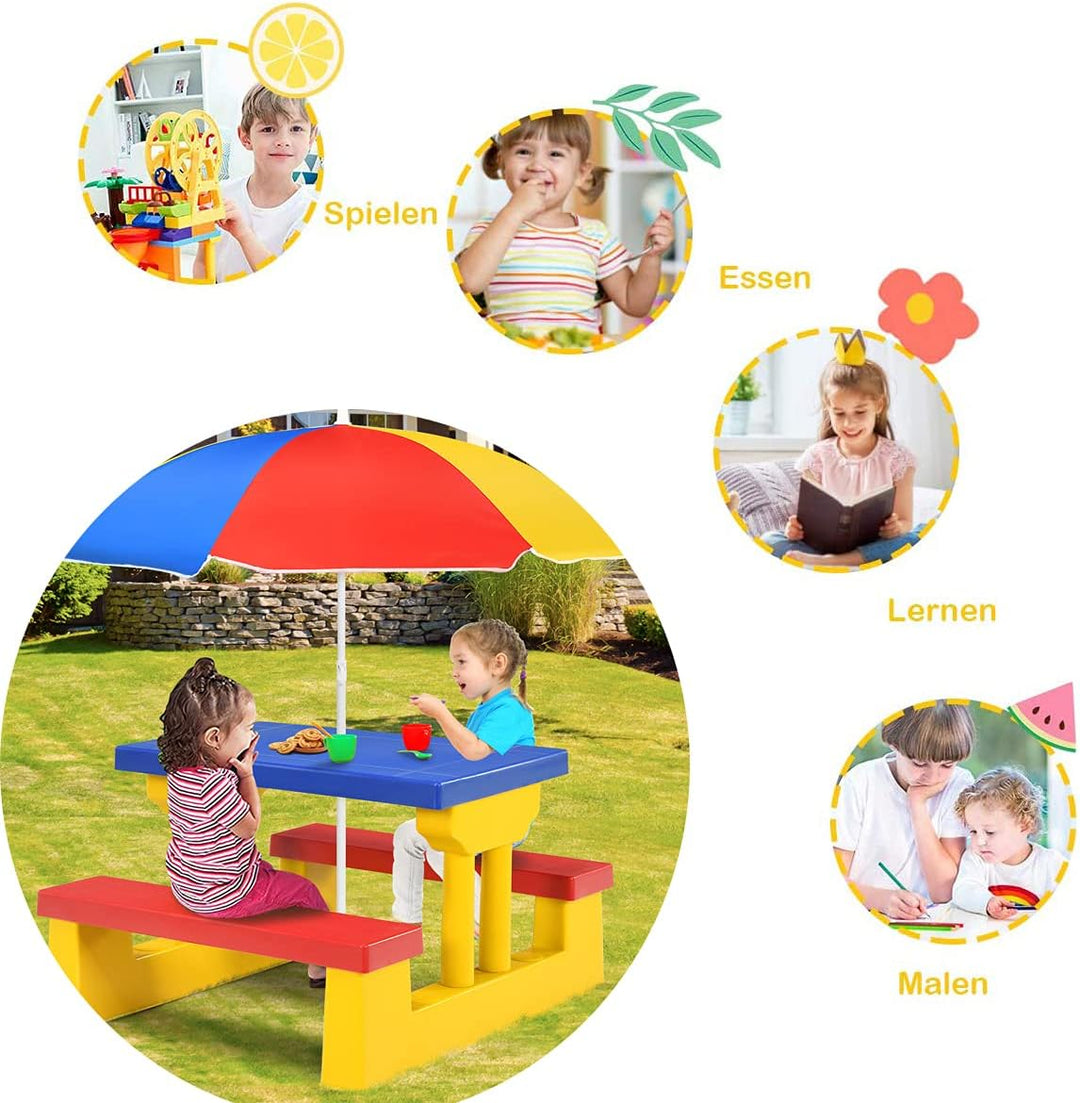 RELAX4LIFE Sitzgruppe Kinder, Sitzgarnitur Outdoor, Kindermöbel mit Sonnenschirm, Kindertisch Inkl.
