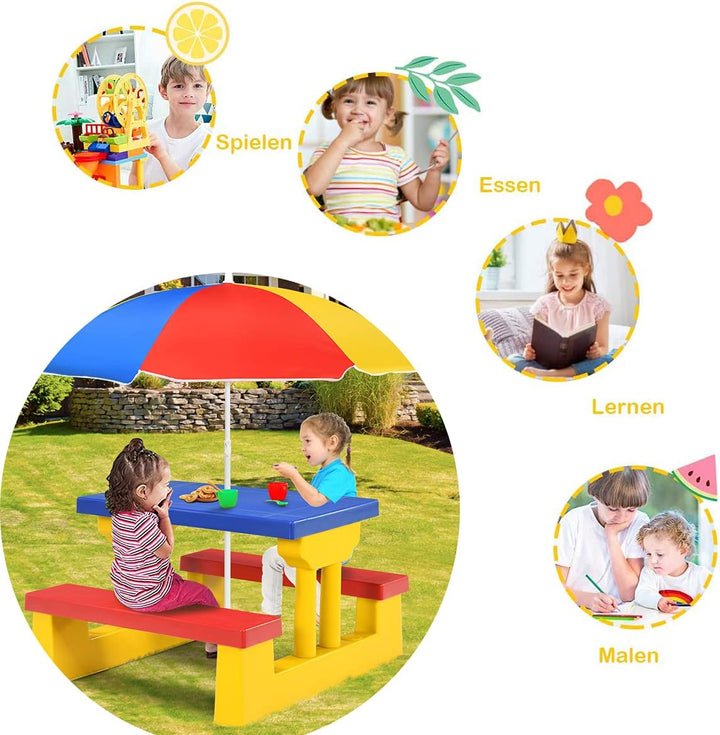 RELAX4LIFE Sitzgruppe Kinder, Sitzgarnitur Outdoor, Kindermöbel mit Sonnenschirm, Kindertisch Inkl.