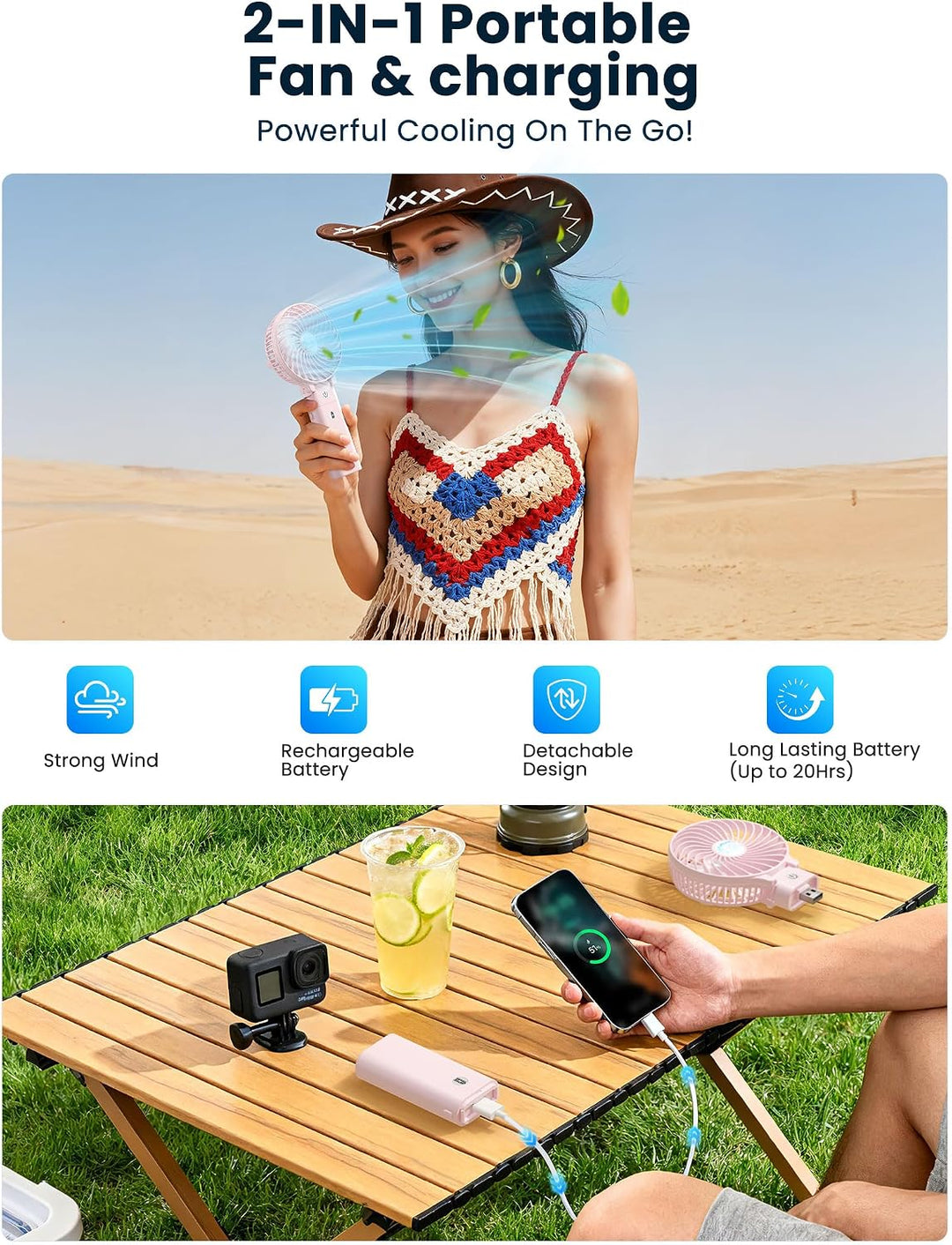 HandFan Handventilator mit 5200 mAh, wiederaufladbar, 20 Stunden Laufzeit, Handventilator, 3 Geschwi