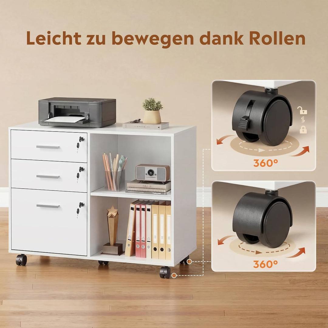 DEVAISE Rollcontainer mit 3 Schubladen und offenen Ablagen, Mobiler Aktenschrank mit Rollen, Drucker
