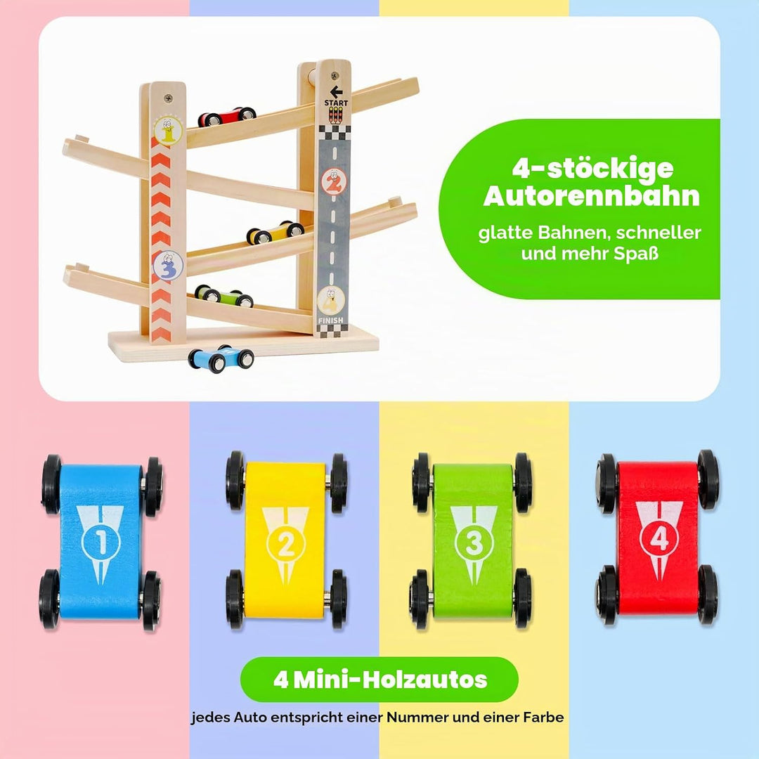 Holz Kugelbahn Autorennbahn mit 4 Autos Zick-Zack-Autorutsche Autorennbahn Holz Spielzeug Rennbahn L