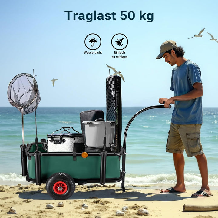 Wiltec Angelwagen mit Tasche, Angel Trolley bis 50 kg, Transportkarre mit 60 l Volumen, Bollerwagen