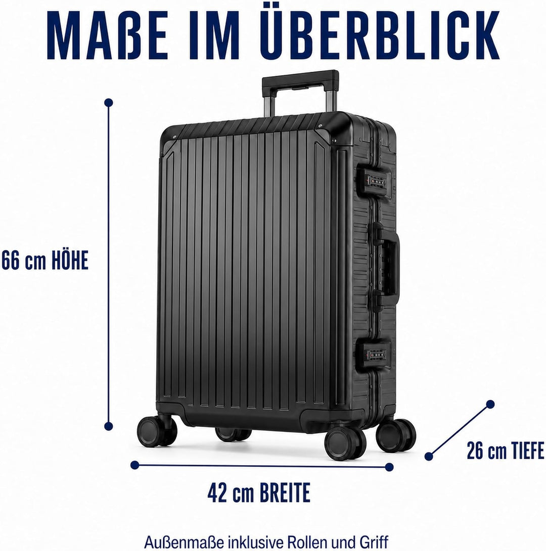 Travelhouse 100% Aluminium Reisekoffer Schwarz M-66cm Hartschalenkoffer 2X TSA Zahlenschloss 4 Silen